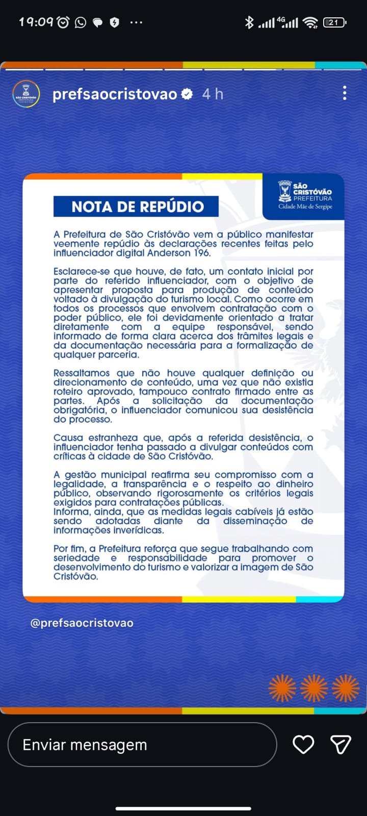 Após tratativas não avançarem influenciador intensifica críticas e prefeitura  de São  Cristóvão reage com nota de repúdio pública